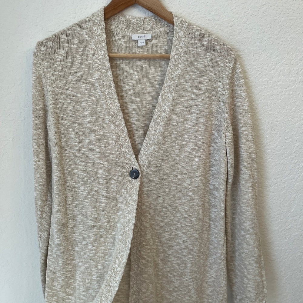 J Jill Purejill Long Cardigan Sweater Duster S One Button Oatmeal Marl Cotton - Picture 5 of 12